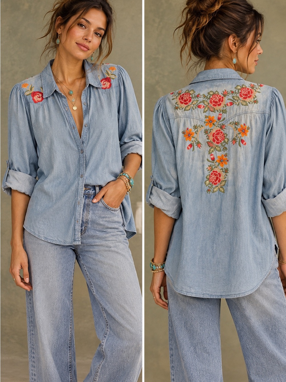 ANDREE BY UNIT Light Blue Chambray Embroidered Button-Down Shirt